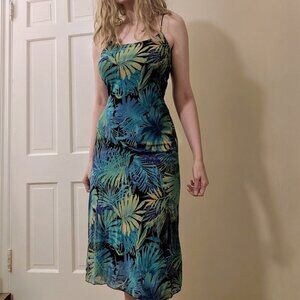 Y2K vintage blue/green tropical leaves midi dress EUC M
